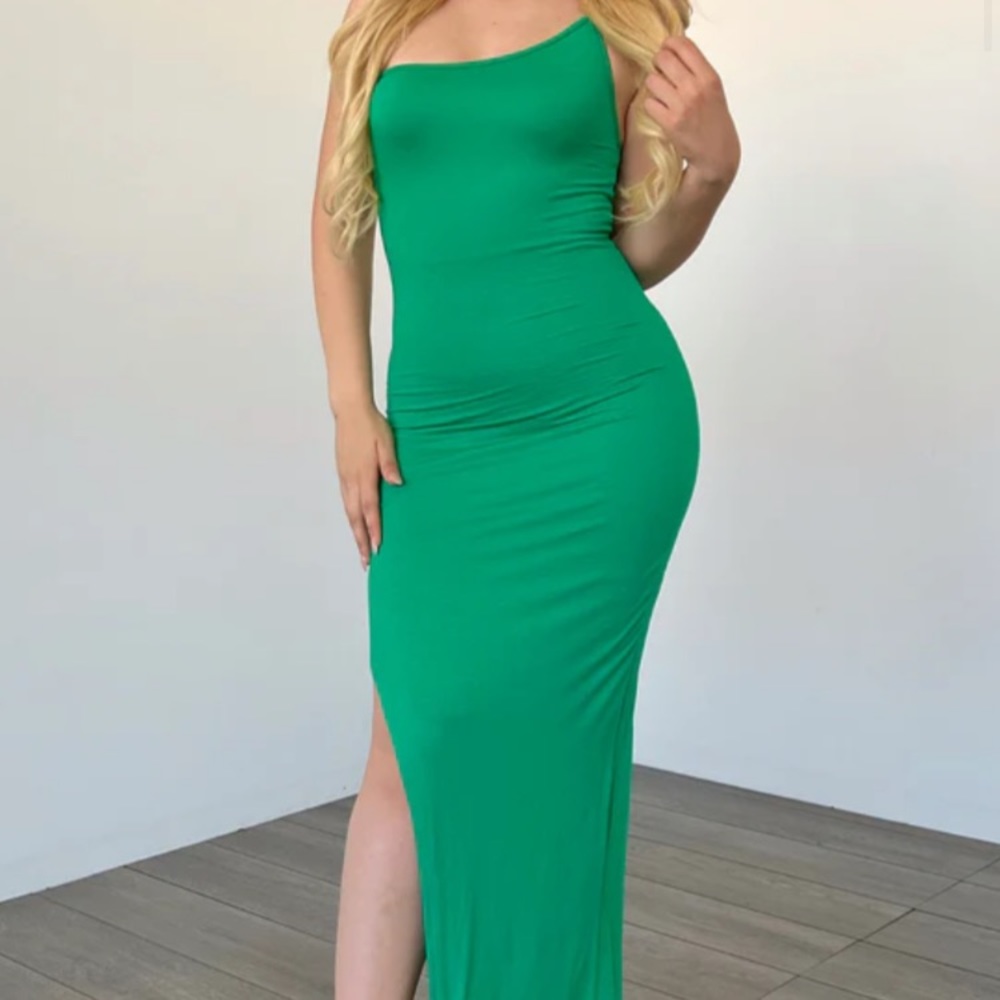 One shoulder Kelly green maxi dress